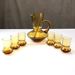 70s Amber glass cocktail barware Mid-Century Modern drinkware 8 piece set